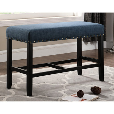 Banc de pub rembourré en tissu bleu avec structure en bois franc massif et siège de salle à manger d'apparence sophistiquée avec un soutien durable
