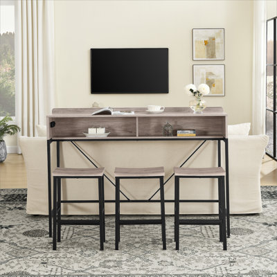 59 inch bar table, dining table, sofa table with power socket and LED light, 3 saddle stools, 4-piece bar table and chairs set for living room, dining room and kitchen