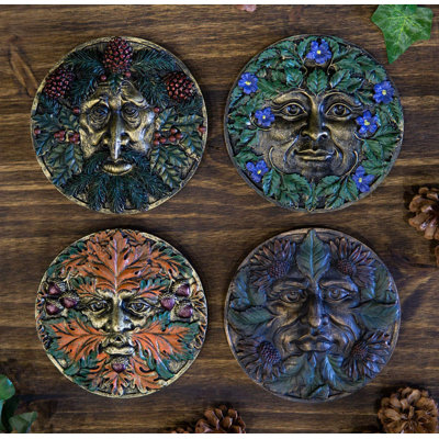 Ebros bronzé floraison florale feuillage celtique Greenman décoration murale arbre esprit pan petite plaque suspendue ronde comme décoration de la maison idée de pendaison de crémaillère (ensemble 4 saisons de l'année)