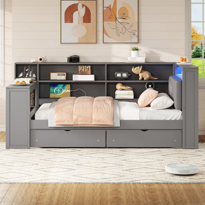 Wood Platform Bed with Storage Shelves, Drawers, Charging Station, LED, Desk and Upholstered Headboard by Red Barrel Studio