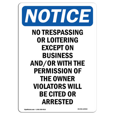 No Trespassing or Loitering Except Sign