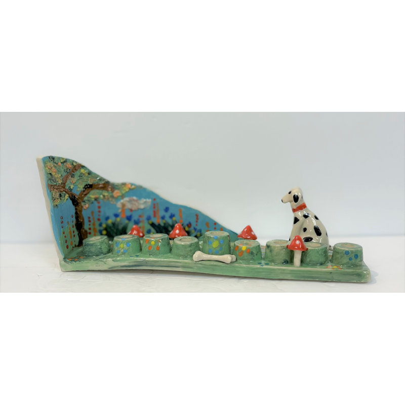 Hand-crafted Friendly Pup Menorah With Forest Scene
