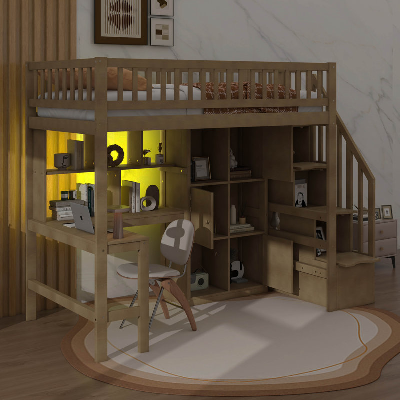 Lit surélevé simple en bois avec bureau intégré, système d'éclairage à DEL, tablettes de rangement et armoires, Walnut