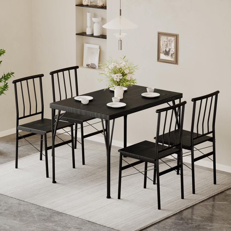 Ensemble de table de salle à manger pour 4 personnes, petite table de cuisine et chaises avec plateau en bois et pieds en métal, ensemble de table de salle à manger compact pour les appartements, robuste et peu encombrant