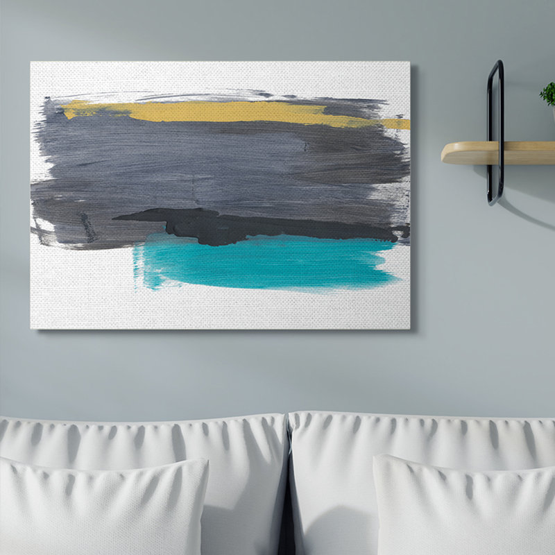 Abstrait coups de pinceau jaune et gris par Bronwyn Baker - Peinture, H 36 po x l 48 po, Toile tendue