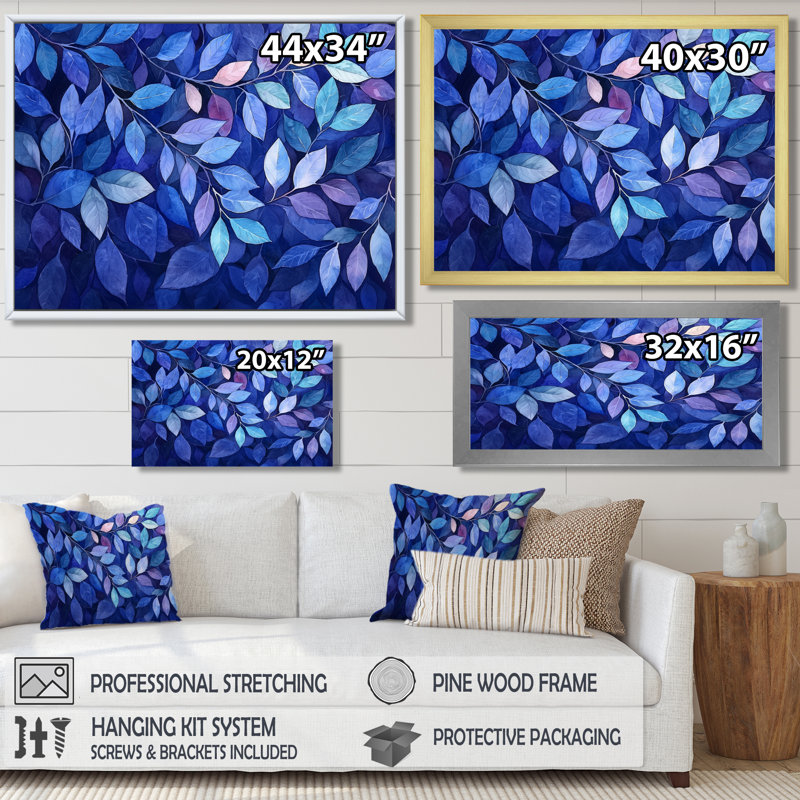 Indigo feuilles feuillage collage III - feuilles, art mural, Reproduction encadrée d'une seule photo, H 30 po x l 40 po