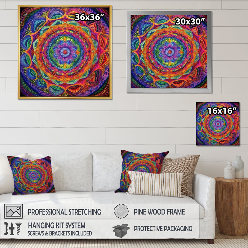Mandala sacré - imprimé, Cadre naturel flottant, H 16 po x l 16 po x P 1 po