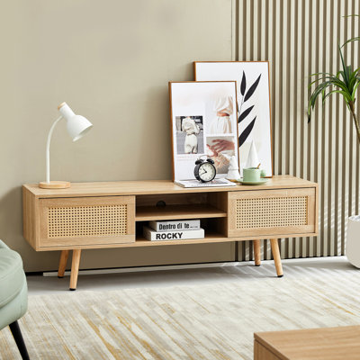 Meuble télé naturel avec pieds en bois massif, 142 cm de long, double porte coulissante, tablette réglable pour salon, console, rangement sous les portes