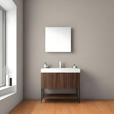 36"  Freestanding Bathroom Vanity With Sink, Plywood Cabinet In Striped Design With Drawer And Open Shelf, White Rectangular Integrated Basin , Retro Walnut
