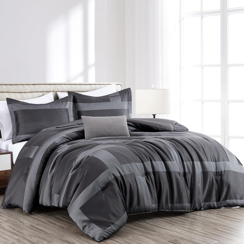 Hudson 4-Piece Modern Geometric Block Pattern Jacquard Comforter Set, King Comforter + 3 Additional Pieces