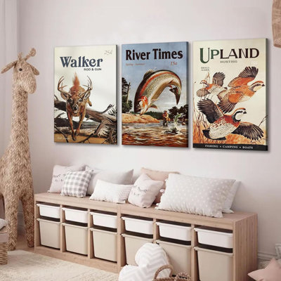 3pcs Retro Hunting Canvas Wall Art Outdoorsy Wild Animal Wall Decor Pictures Nature Wilderness Deer Wild Duck Fishing Posters Prints Gift Send Hunter Dad For Farmhouse Living Room Bedroom Decoration