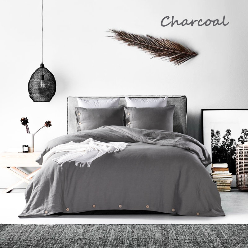 Charcoal Stone Washed Linen Queen Duvet Cover Set with Coconut Buttons