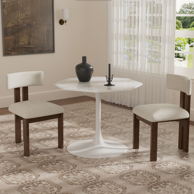 Ensemble de salle à manger à piédestal avec chaise rembourrée, Brun, Blanc, Blanc