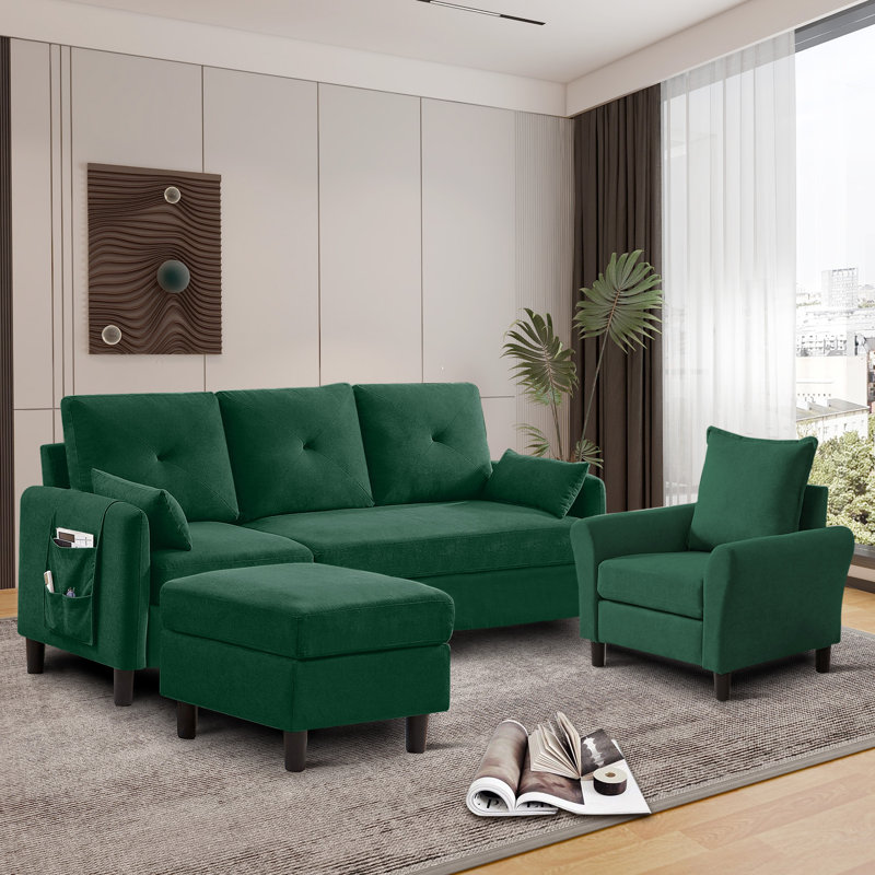 Green Polyester Blend 3-Piece Convertible Sectional Sofa Set