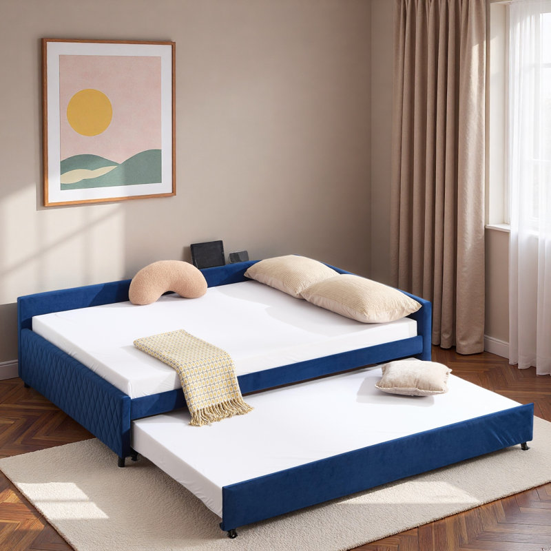 Upholstered Daybed With Trundle And Usb, Navy