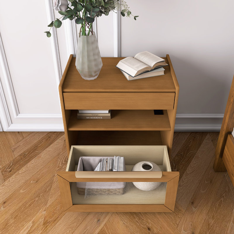 Table de chevet moderne Mid-Century avec station de charge, Noyer clair