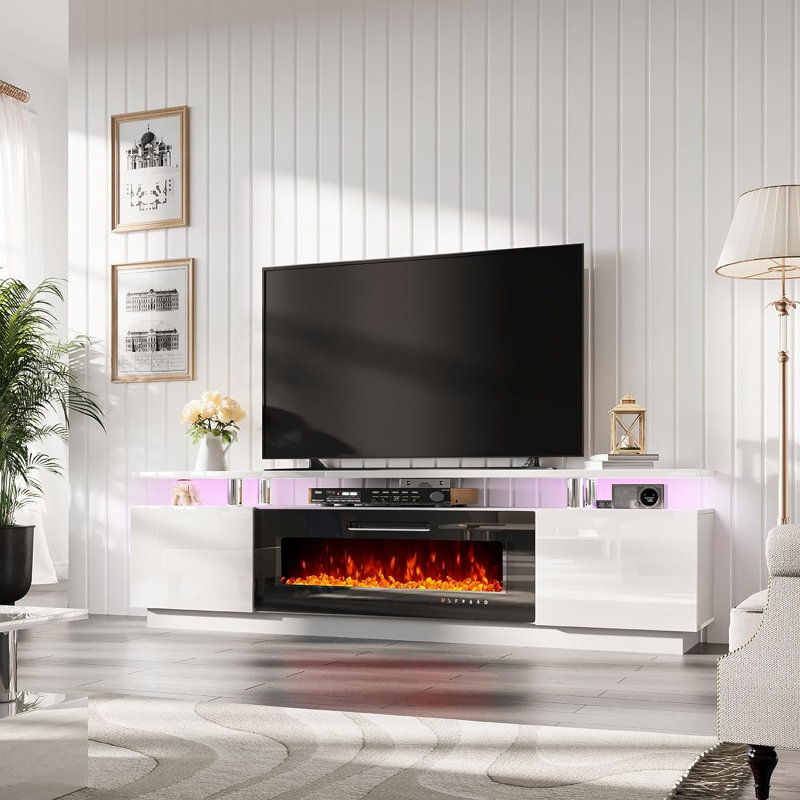 Crédence de rangement l 80,3 po avec foyer électrique Melitza, Blanc / noir