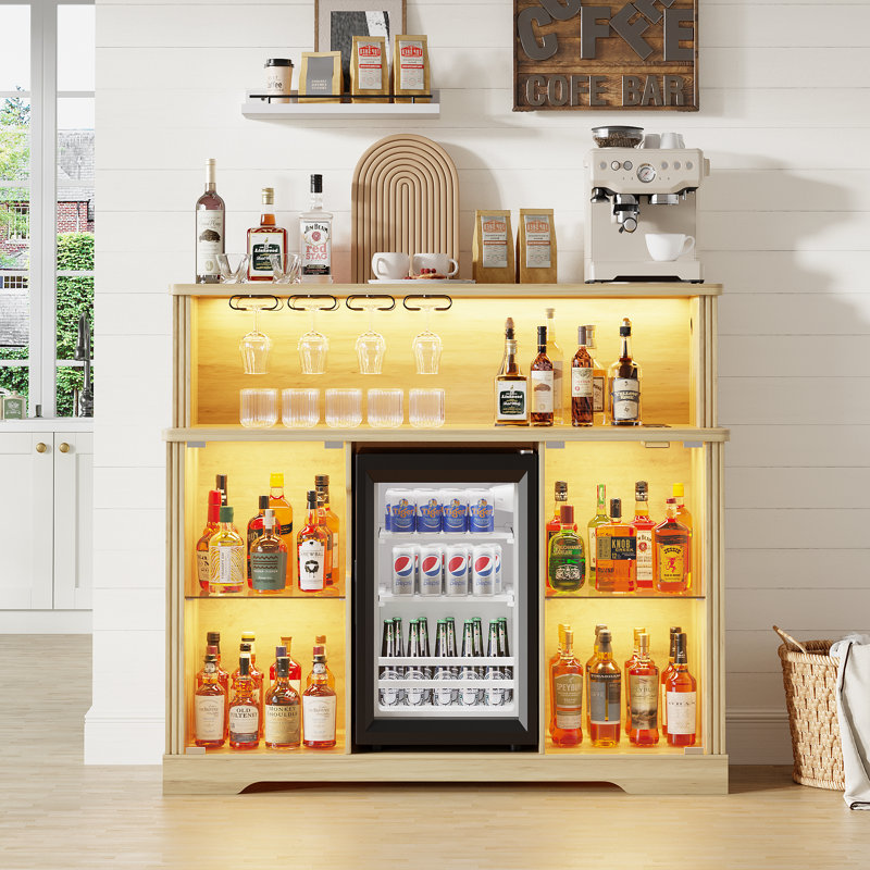 	Glass Wine Cabinet with Freestanding Wine Cooler Refrigerator, 4 Removable Wine Shelves, RGB Light, Oak