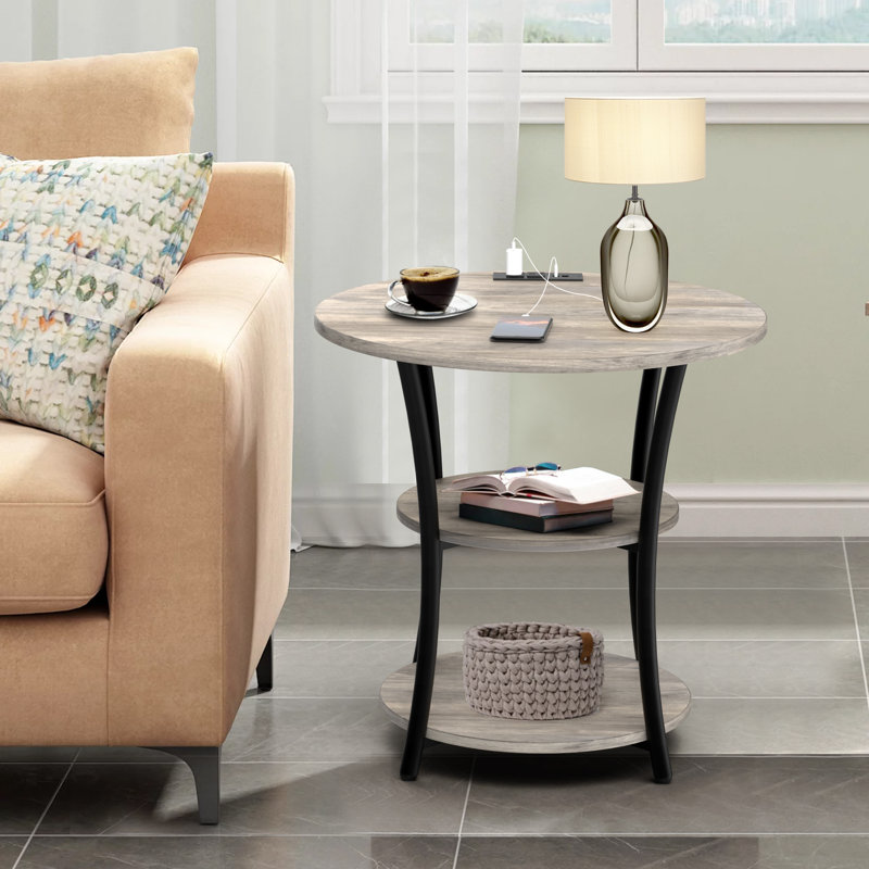 Jalane Tall End Table with 2 USB Ports, 2 Power Outlets, and 3-Tier Storage Shelves, Wash Gray/Black