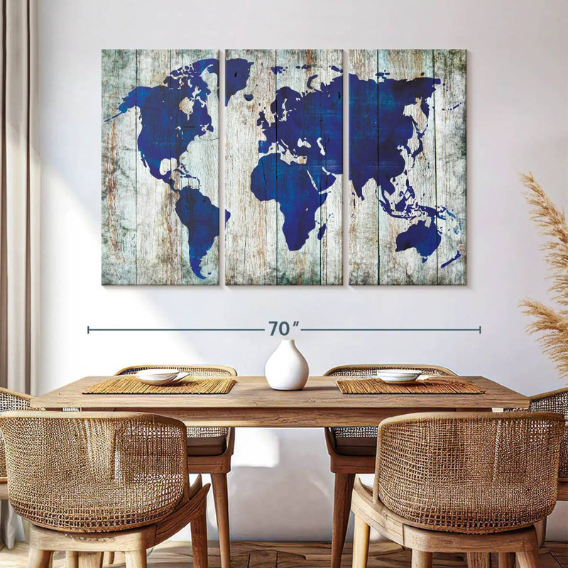 Carte du monde bleu Aliaz sur bois, H 42 po x l 65 po