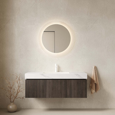 Meuble-lavabo 48 po avec lavabo en contreplaqué flottant avec tiroir et portes, comptoir en pierre frittée Carrara et lavabo en céramique avec 1 trou de robinet pré-percé, pré-assemblé