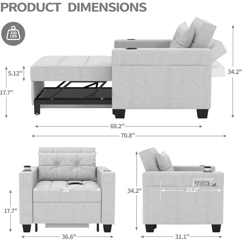 36.6" Wide Convertible Chair with Cup Holders and Side Pockets, Light Gray Linen