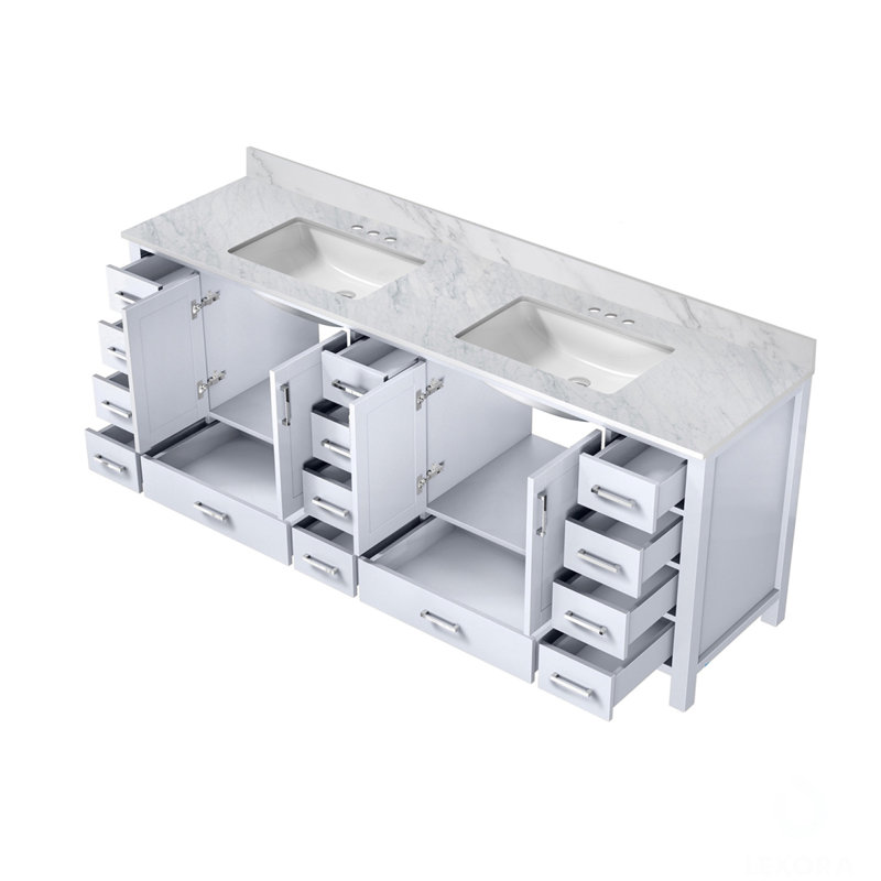 Meuble-lavabo double blanc 84 po X P 22 po D, avec plateau en marbre de Carrare, Blanc