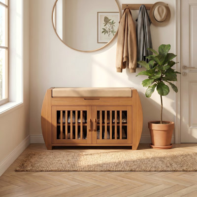  Banc de rangement pour chaussures en bambou brun avec tablettes latérales et compartiment de siège caché
