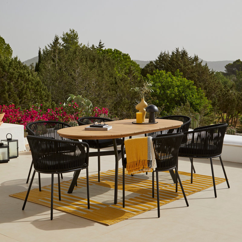6 Seater Oval Wooden Garden Dining Set with 6 Rope Chairs, Black