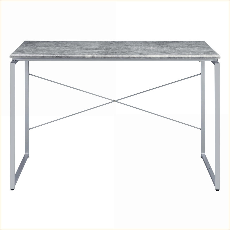 Desks, Grey &amp; Silver Industrial Writing Desk with Faux Concrete Top &amp; Metal Sled Base, 47.5W x 22.5D x 28.5H | Grey+Silver | Wood+Metal