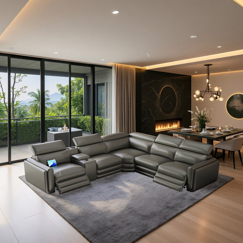 Oversized 5-Seater Dual Power Reclining Sectional Sofa With Console, Bluetooth Speakers & Storage, Leathaire Upholstery