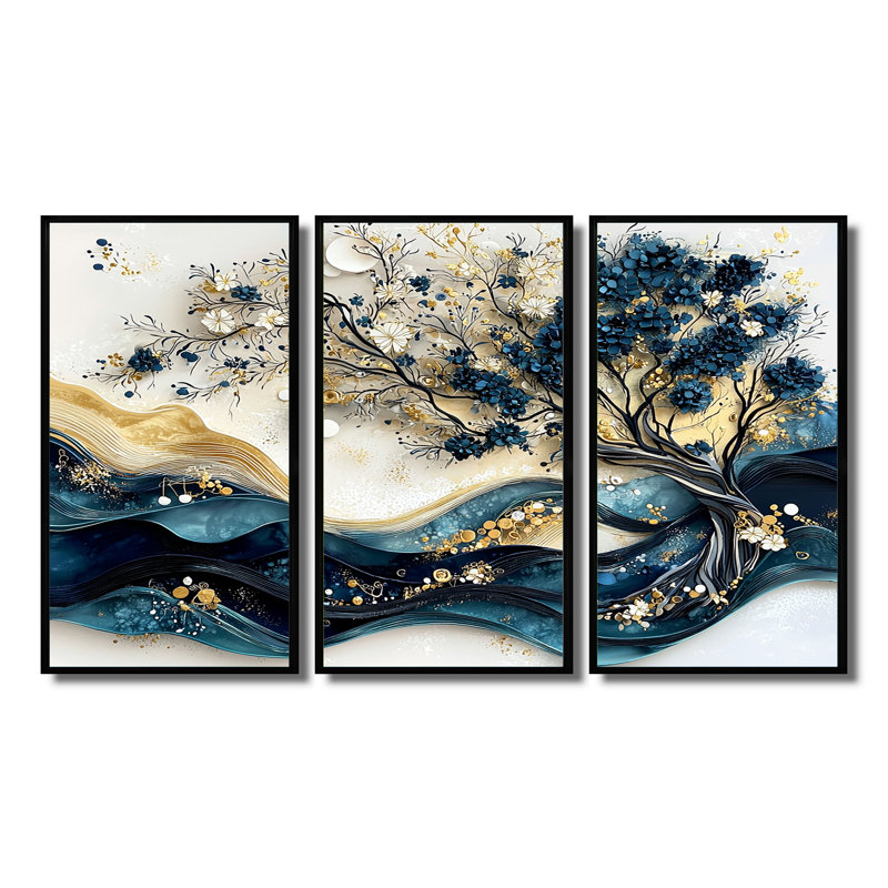 Bleu et blanc, arbre moderne en fleurs III - ensemble d'art mural cerisier en fleurs, H 28 po x l 36 po x P 1 po