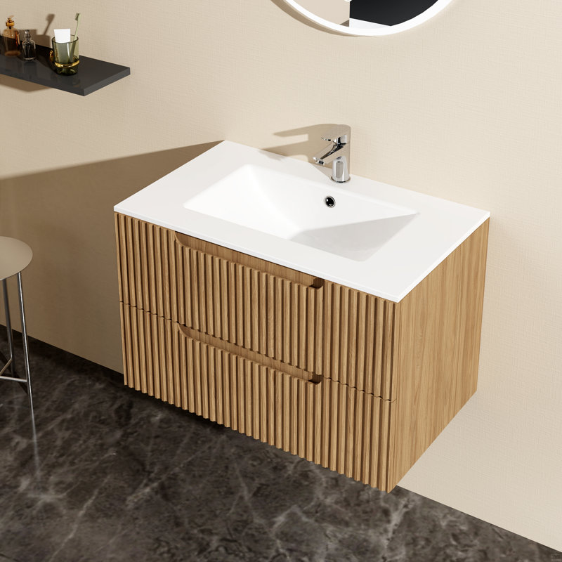 Meuble-lavabo mural 30 po avec lavabo flottant, système de fermeture en douceur, 2 tiroirs