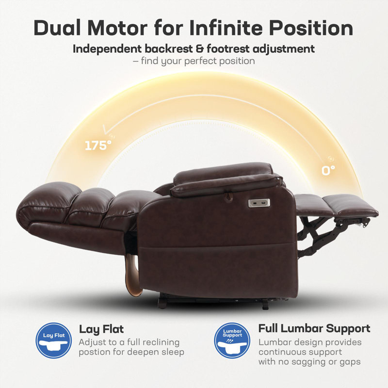Dual Motor Lay Flat Power Lift Chair Recliner for Elderly with Massage and Heat, Electric Lift Recliner with Infinite Position, USB A&C (T6011 - Breathable Faux Leather, Brown)