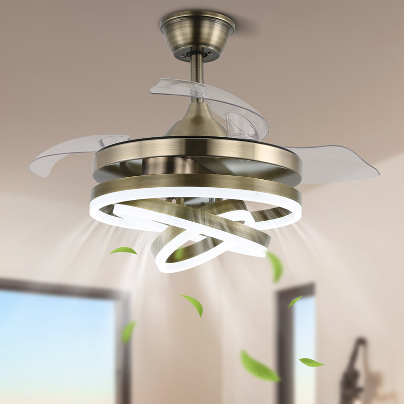 36 Inch Modern Retractable Chandelier Ceiling Fan With Lights And Remote, Silent DC Motor LED Dimmable DIY Shade Ceiling Fan