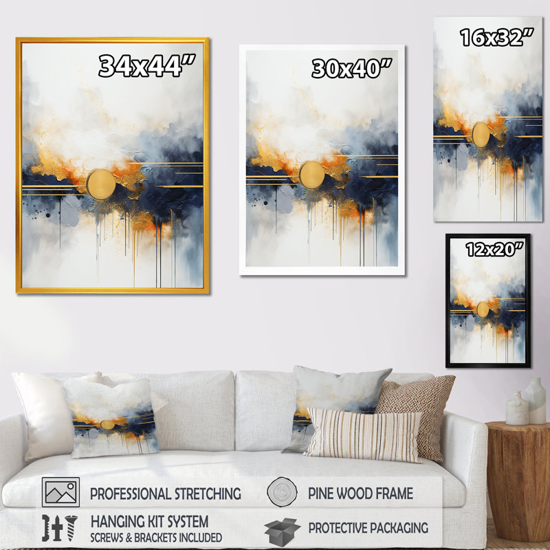 «Blue and Yellow Fluid Harmony», peinture III - art mural abstrait, Cadre flottant doré, 32" H x 16" W