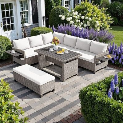 5-Piece Outdoor Patio Rattan Sofa Set With Extendable Tables & Dining Table For Backyard
