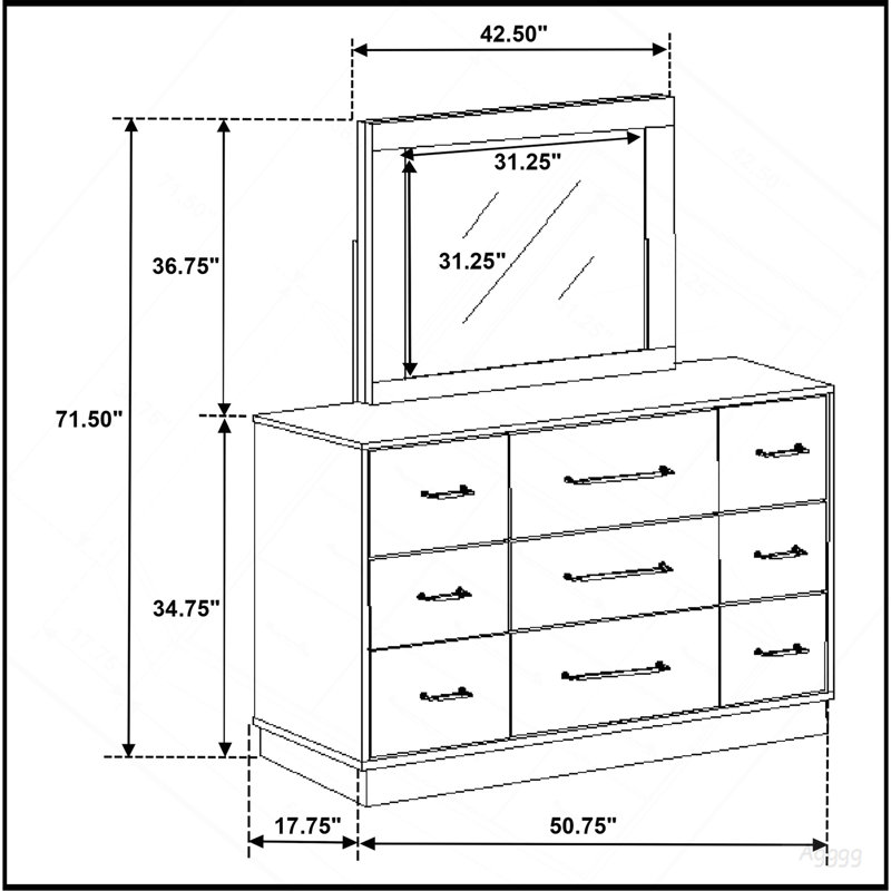 Commode 9 tiroirs avec miroir Edmondson, 71.5 cm H x 60.75 cm W x 17.75 cm D