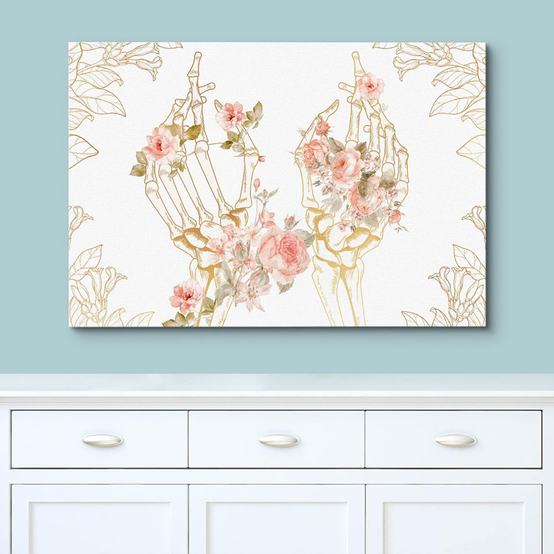 Squelette des mains, aquarelle, fleurs roses, santé médicale, art moderne, botanique, décoration murale, H 12 po x l 18 po
