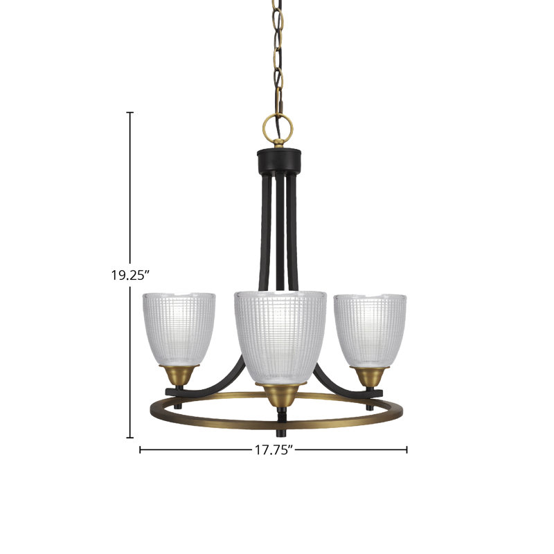 Lustre 3 lumières avec verre transparent nervuré 5 "Paramount, Noir mat / laiton