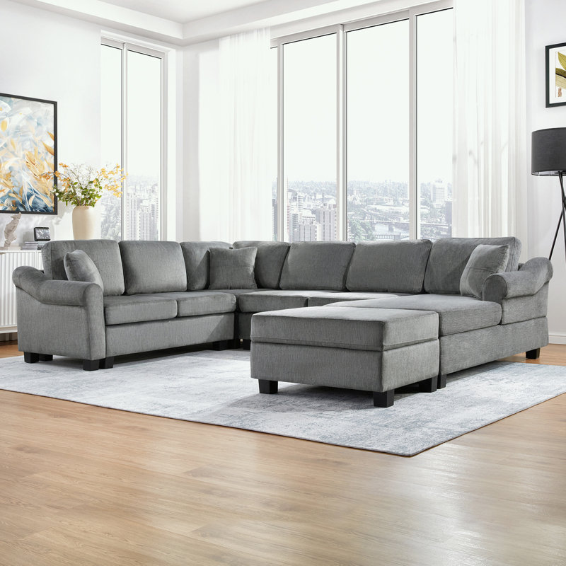 Canapé en U en chenille avec repose-pieds mobile avec rangement, Chenille gris foncé