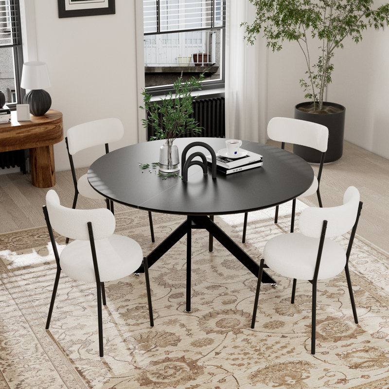 Ensemble de salle à manger à piédestal rond avec chaise Teddy, Noir, Blanc/Noir