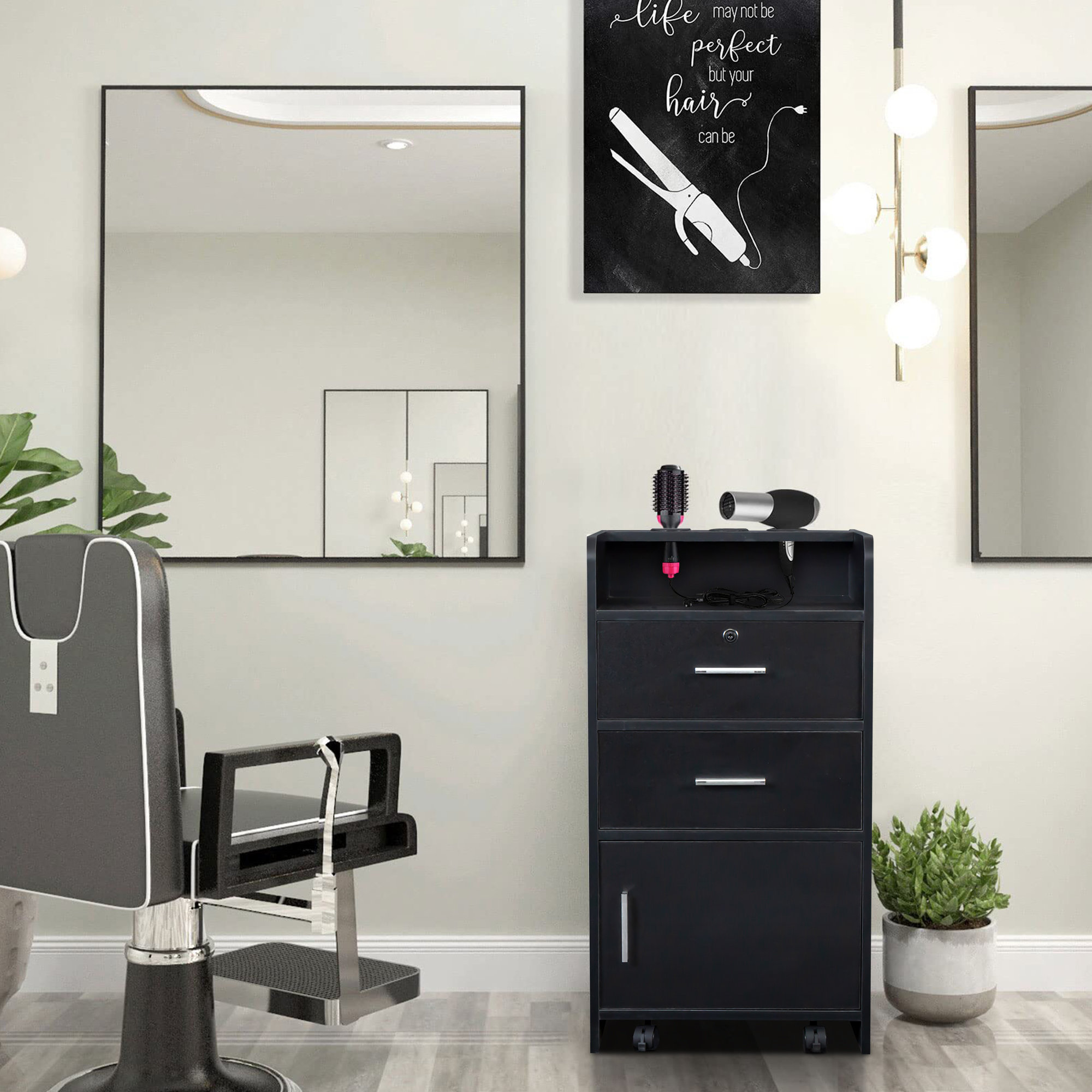 Wall-Mounted Salon Station, Barber Cabinet w/Locking Drawer,Dryer Holder,Beauty Storage Table iYofe Color: Black