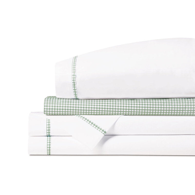 Malaya Egyptian Cotton Percale Gingham Sheet Set, Leaf, Full