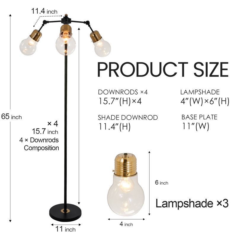 Lampe sur pied à branches 3 lumières 65 "industrielle 65"