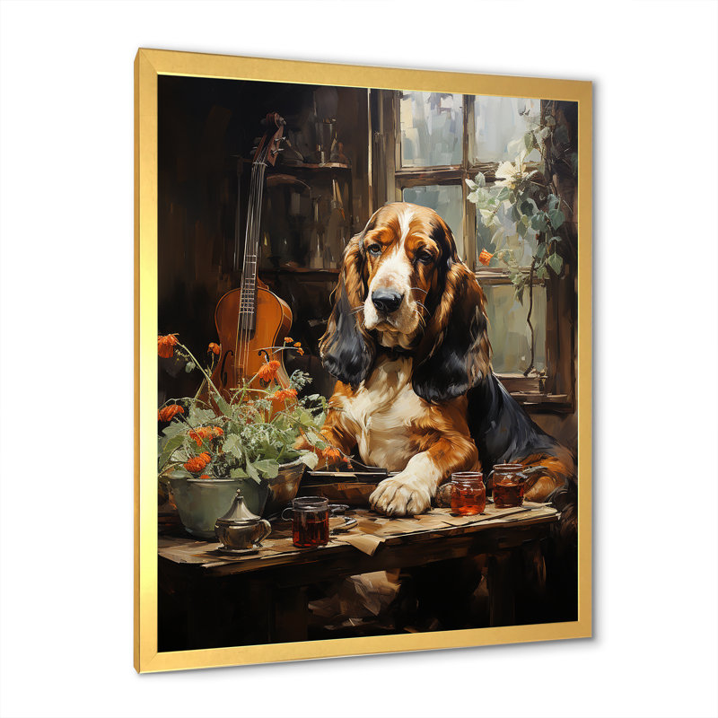 Basset hound Melody I sur toile, Cadre doré simple, H 44 po x l 34 po x P 1,5 po