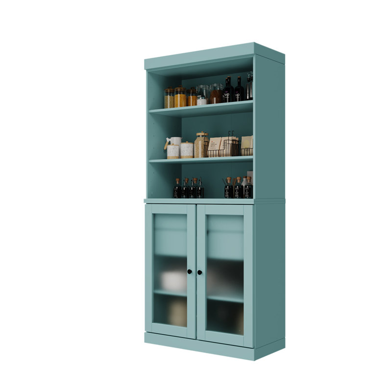 Armoire Katryn 100% bois massif avec portes en verre givré et 2 tiroirs, Turquoise
