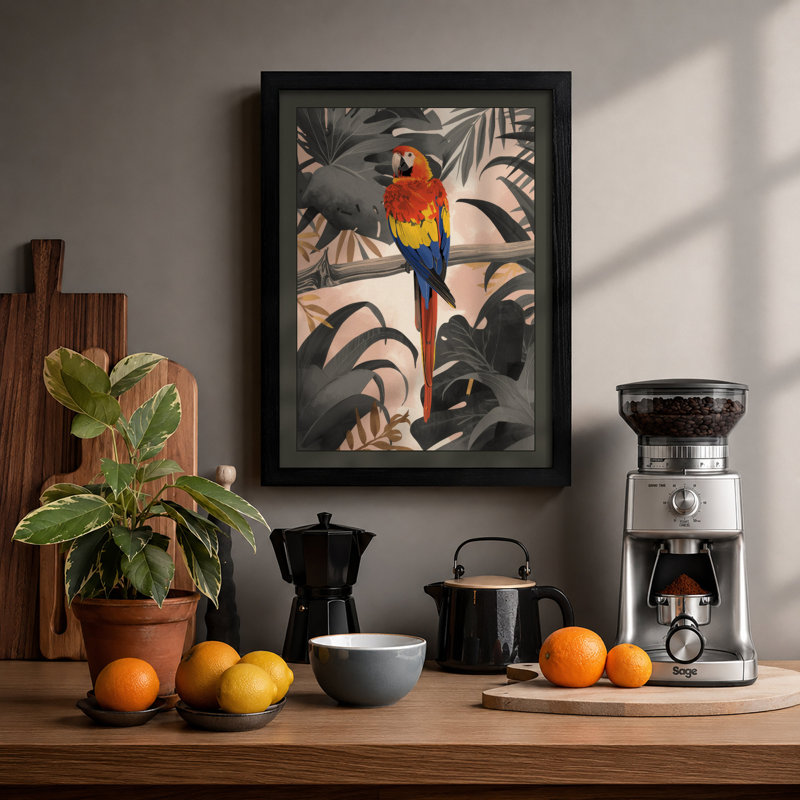 Macaw in Foliage Tropical - Framed Print, A1 - 84.1 x 59.4 cm, Black