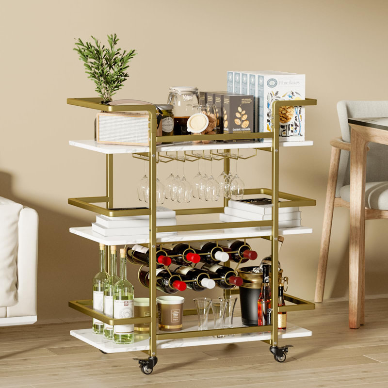 Metal Bar Cart, 3-Tier Drink Trolley with Wine Rack, Glass Holder, Gold