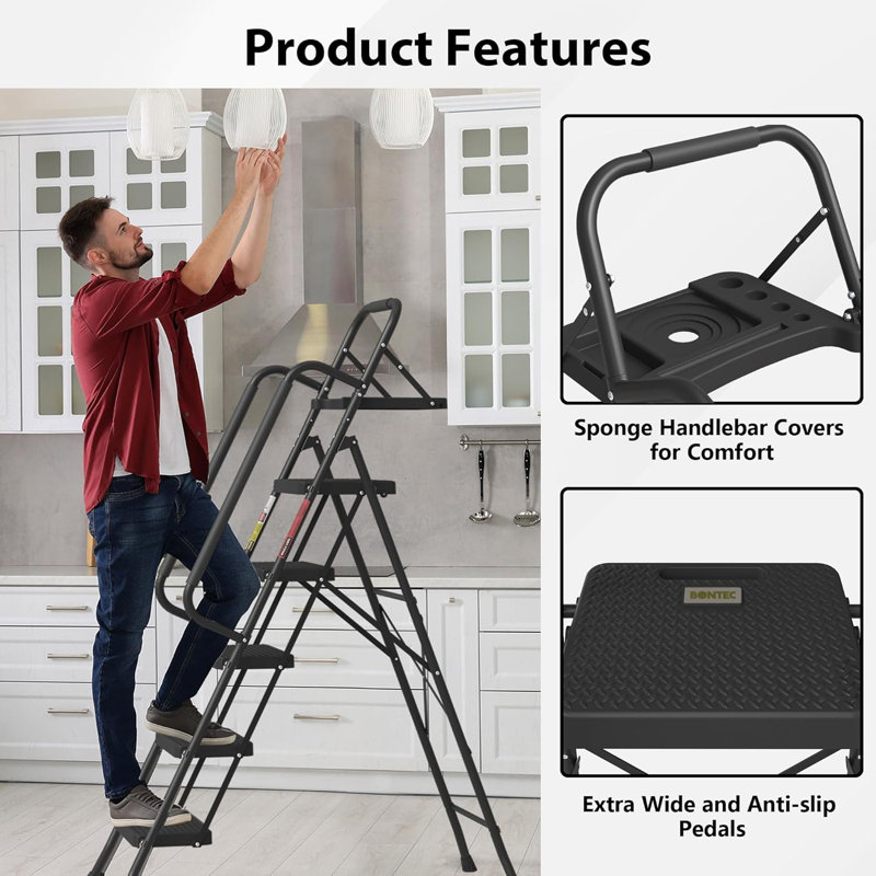 5-Step Ladder, Folding Step Stool With Tool Platform, Tool Bag, And Handrails, Wide Anti-Slip Pedals, Sturdy Steel Ladder With A Max Load Capacity Of 400 Lbs, For Household Use, Black